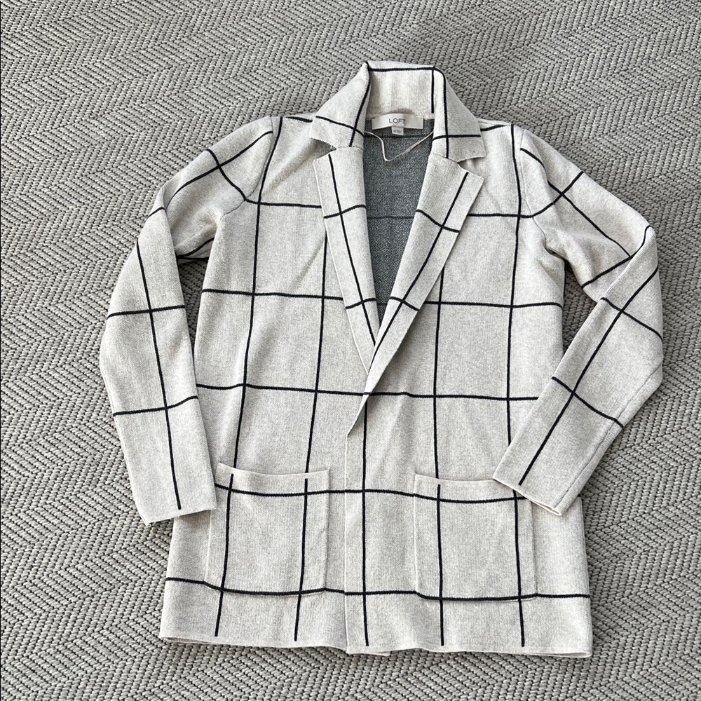 LOFT Windowpane Check Sweater Blazer in Cream and Black
